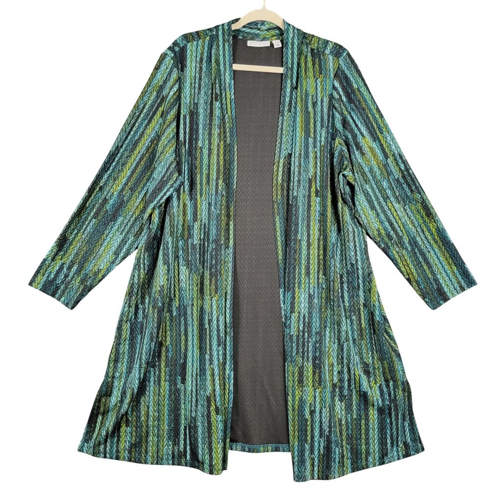 SUSAN GRAVER Green Striped Artsy Long Open Duster Cardigan Career Office SIZE 3X